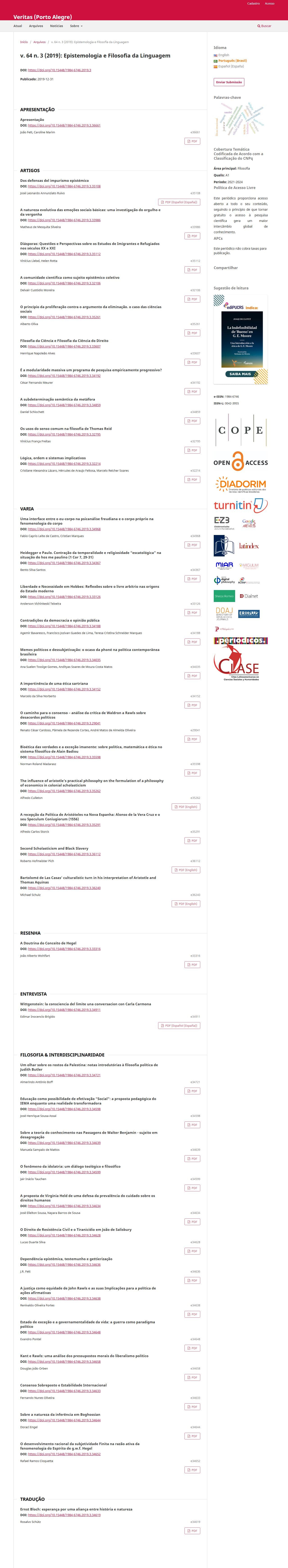 Veritas (Porto Alegre) - Epistemologia e Filosofia da Linguagem, v. 64 n. 3 (2019)
