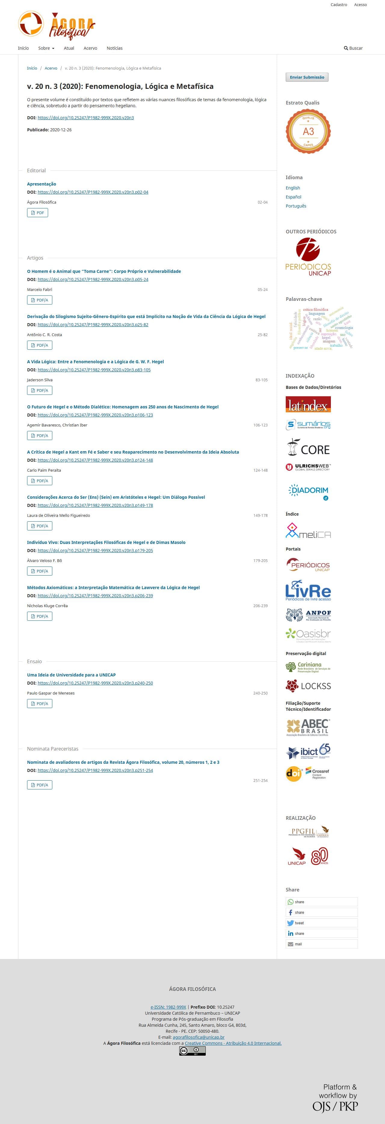 Revista Ágora Filosófica - Fenomenologia, Lógica e Metafísica, v. 20 n. 3 (2020)