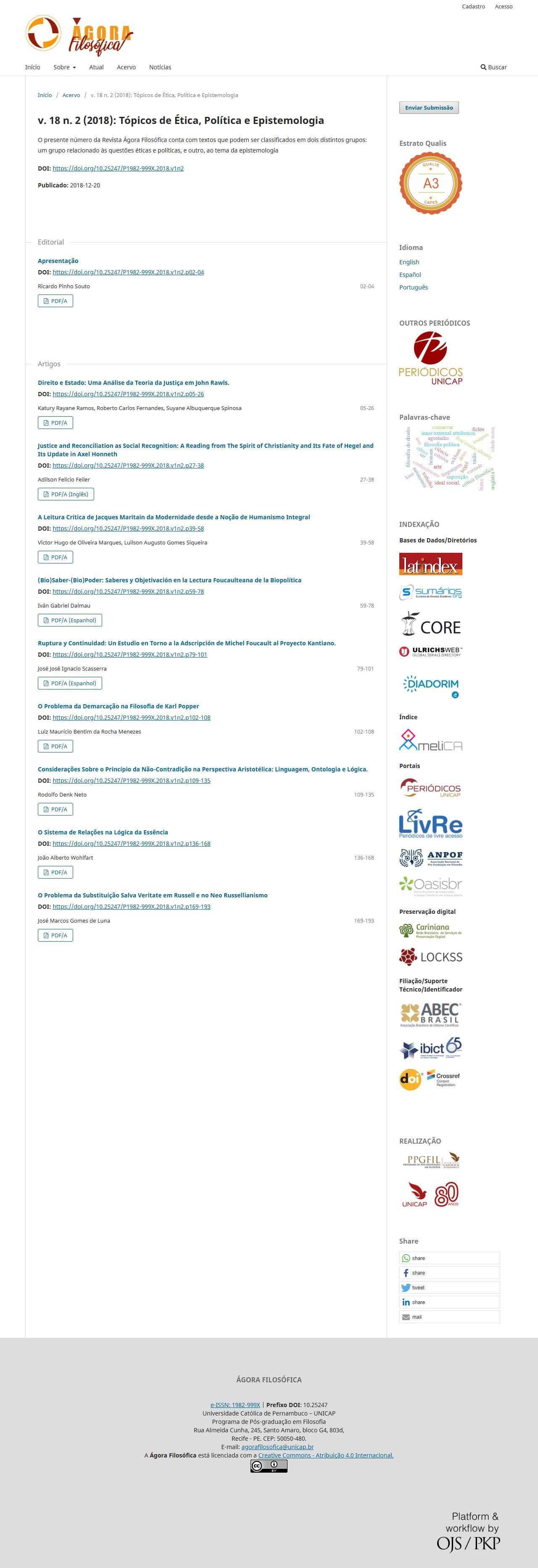 Revista Ágora Filosófica - Tópicos de Ética, Política e Epistemologia, v. 18 n. 2 (2018)