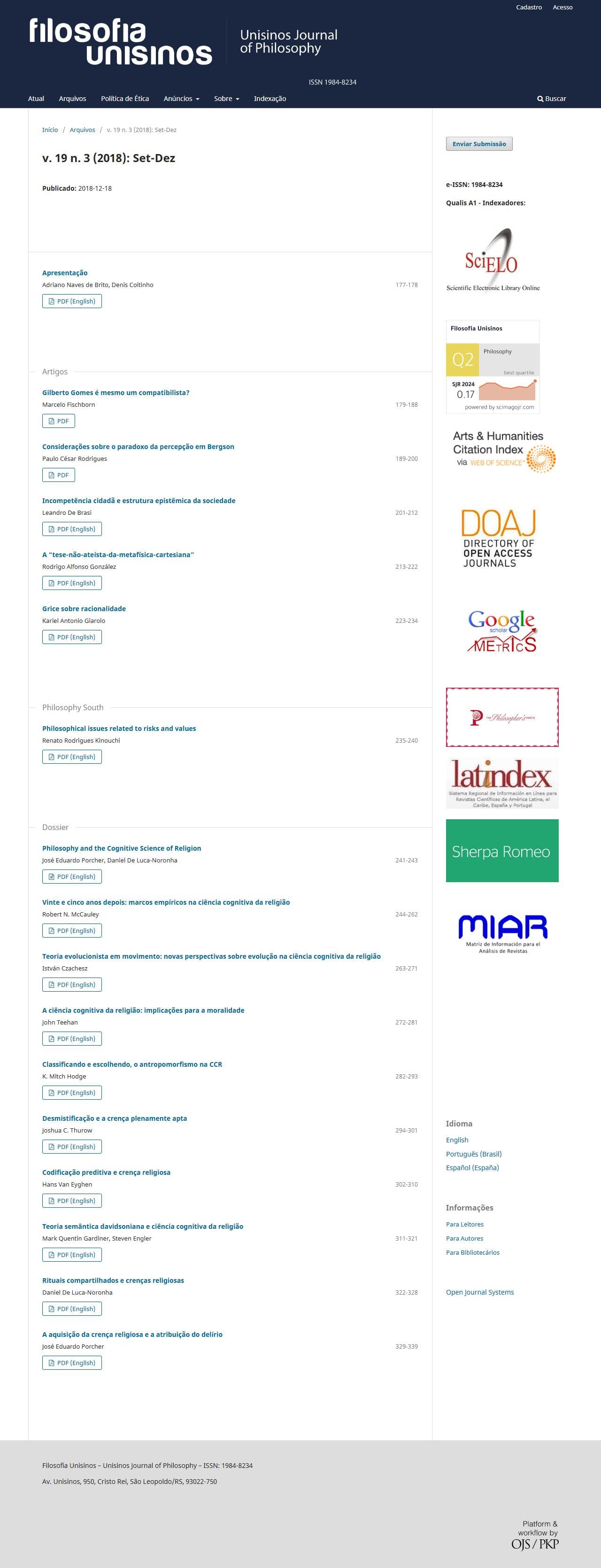 Filosofia Unisinos - Set-Dez, v. 19 n. 3 (2018)