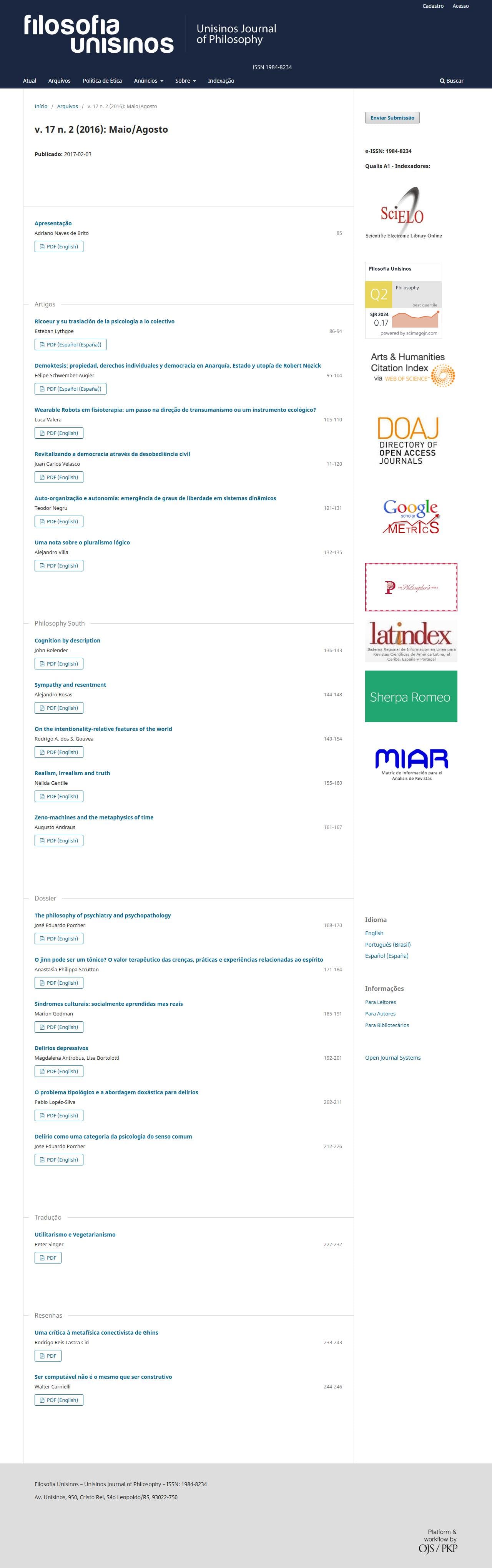 Filosofia Unisinos - Maio/Agosto, v. 17 n. 2 (2016)