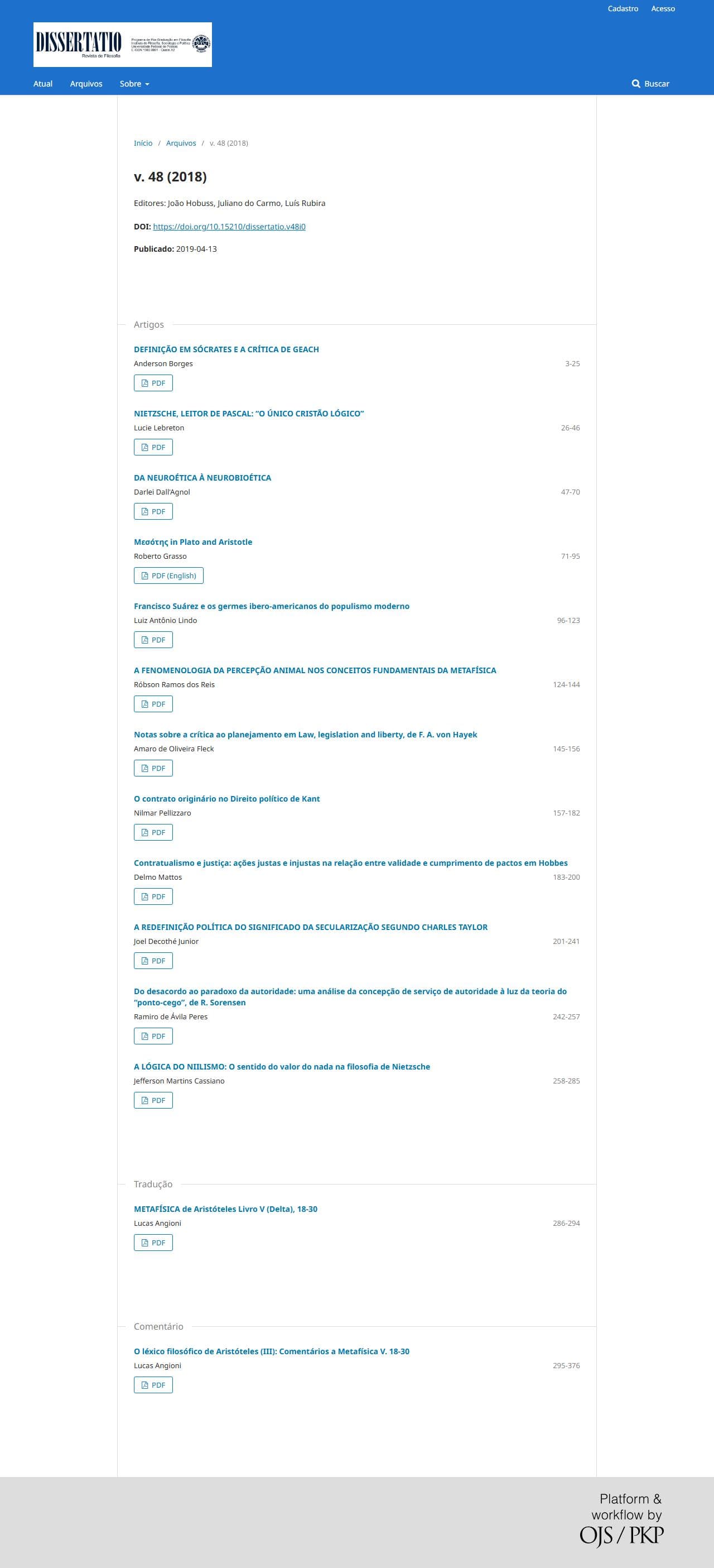 Revista Dissertatio de Filosofia - v. 48 (2018)