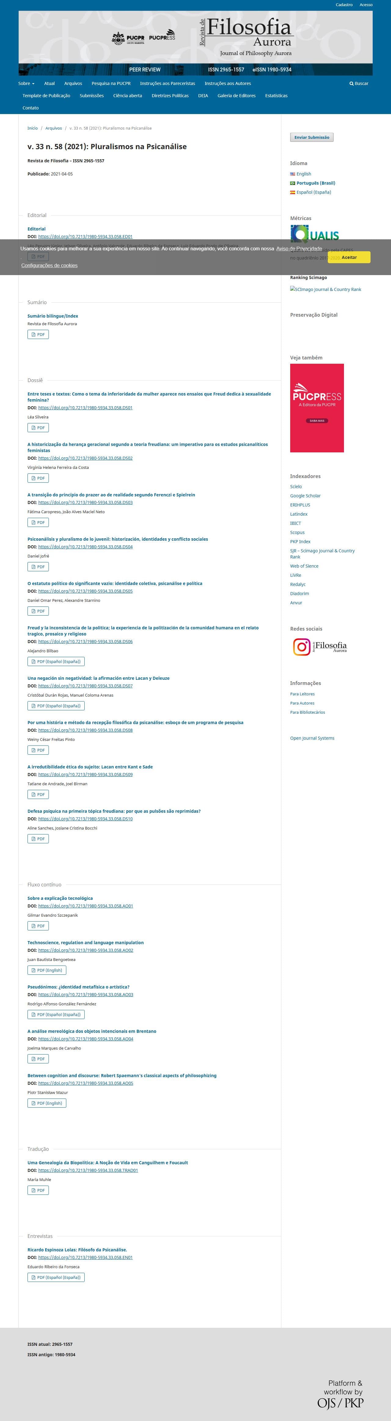 Revista de Filosofia Aurora - Pluralismos na Psicanálise, v. 33 n. 58 (2021)