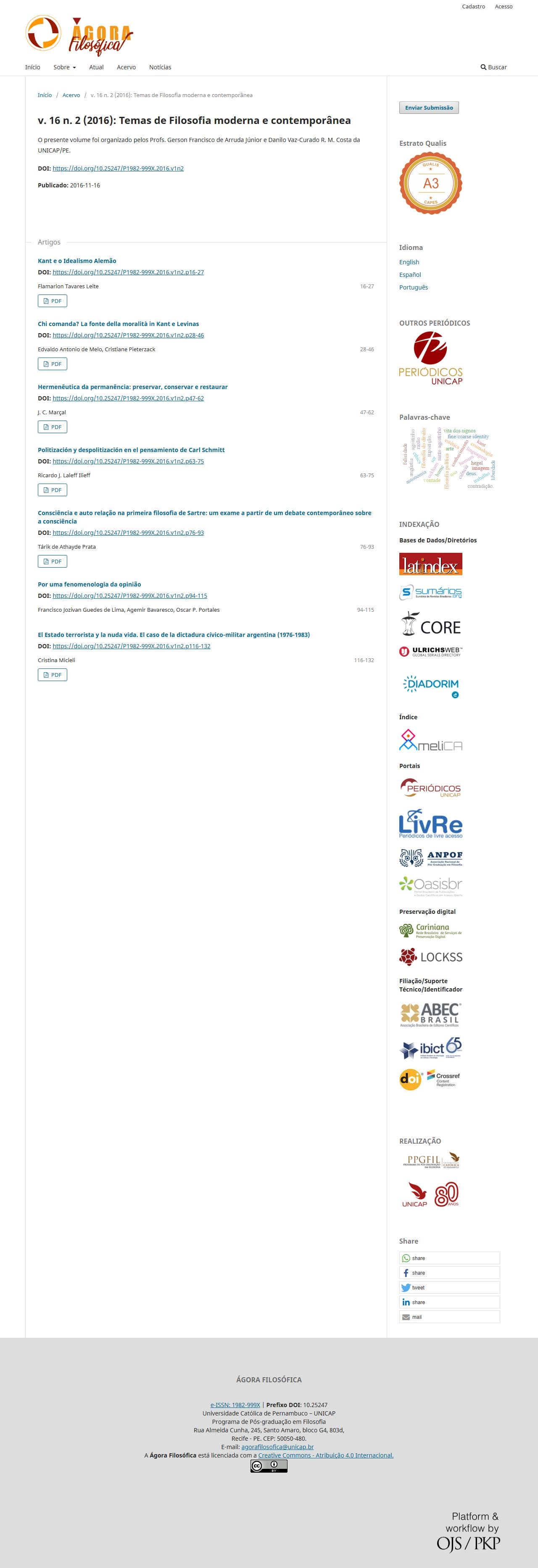 Revista Ágora Filosófica - Temas de Filosofia moderna e contemporânea, v. 16 n. 2 (2016)