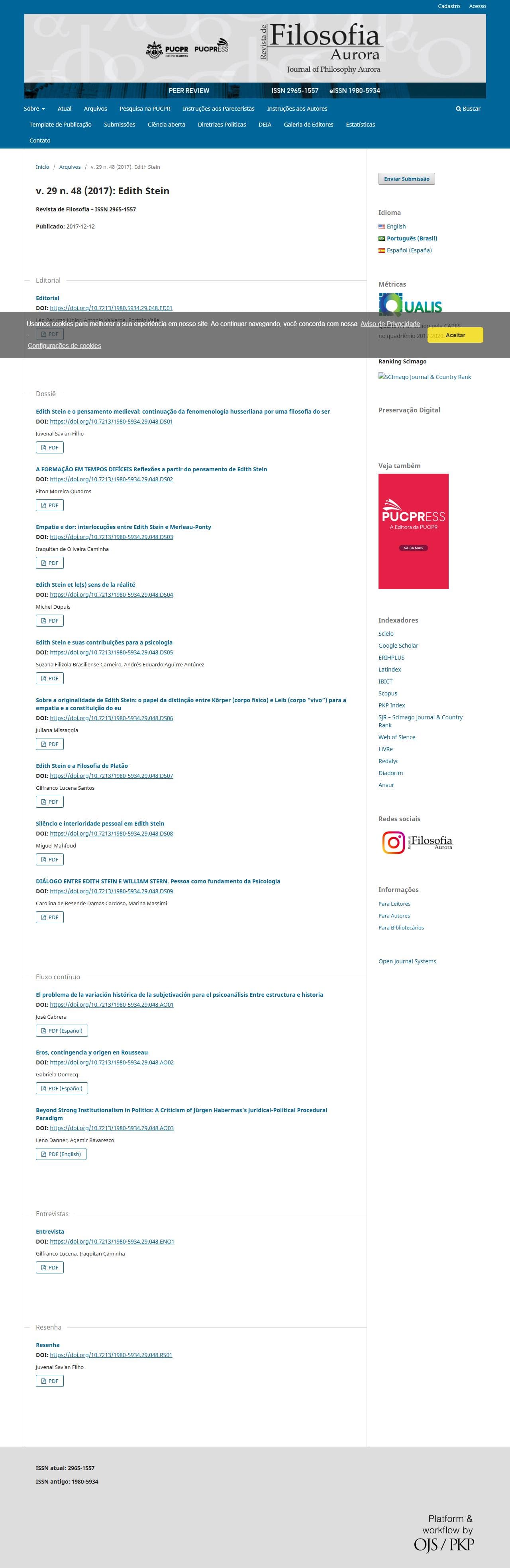 Revista de Filosofia Aurora - Edith Stein, v. 29 n. 48 (2017)
