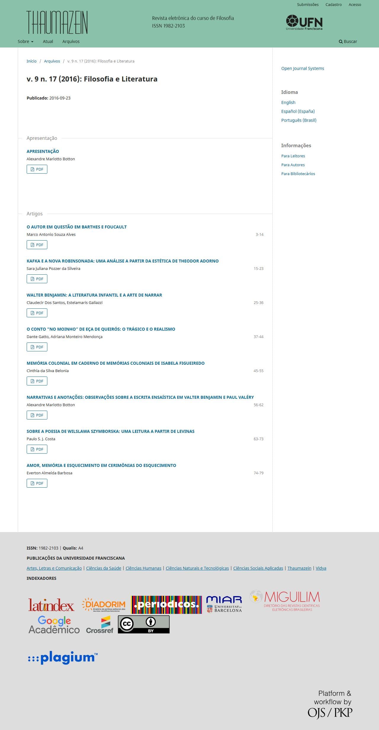 Thaumazein: Revista Online de Filosofia - Filosofia e Literatura, v. 9 n. 17 (2016)