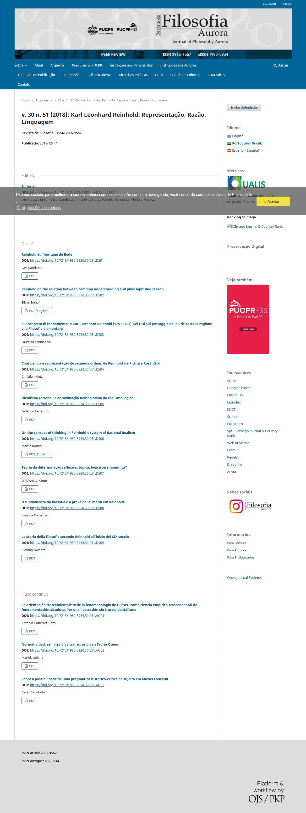 Revista de Filosofia Aurora - Karl Leonhard Reinhold: Representação, Razão, Linguagem, v. 30 n. 51 (2018)