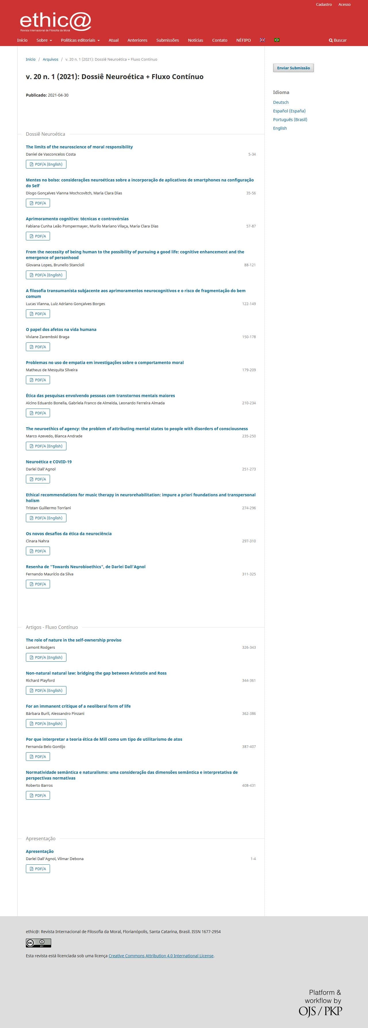 ethic@ - An international Journal for Moral Philosophy - Dossiê Neuroética + Fluxo Contínuo, v. 20 n. 1 (2021)