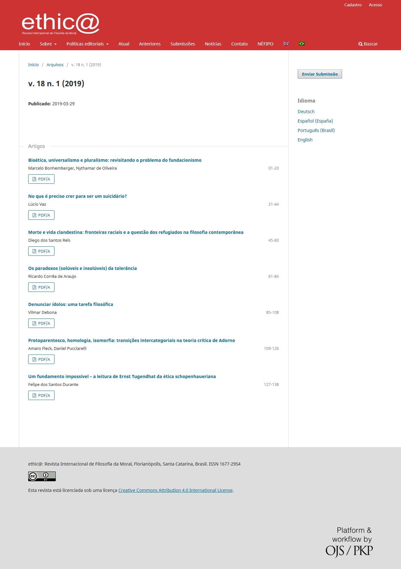 ethic@ - An international Journal for Moral Philosophy - v. 18 n. 1 (2019)