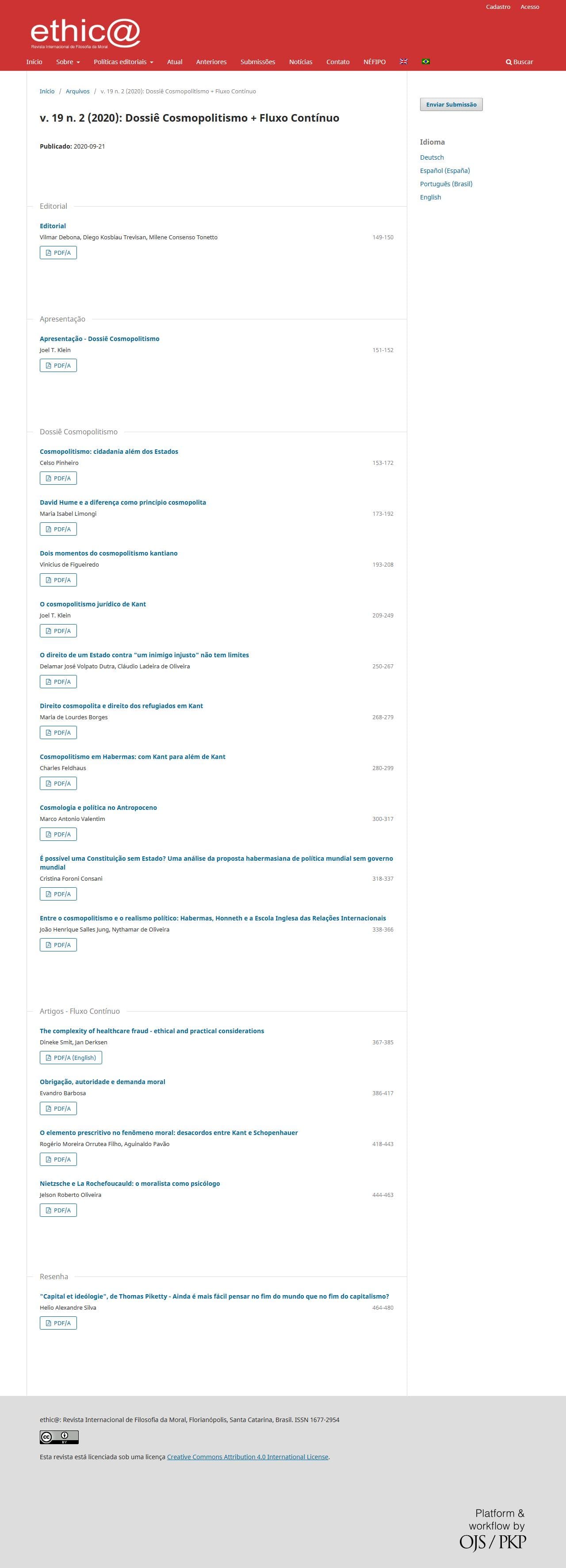 ethic@ - An international Journal for Moral Philosophy - Dossiê Cosmopolitismo + Fluxo Contínuo, v. 19 n. 2 (2020)
