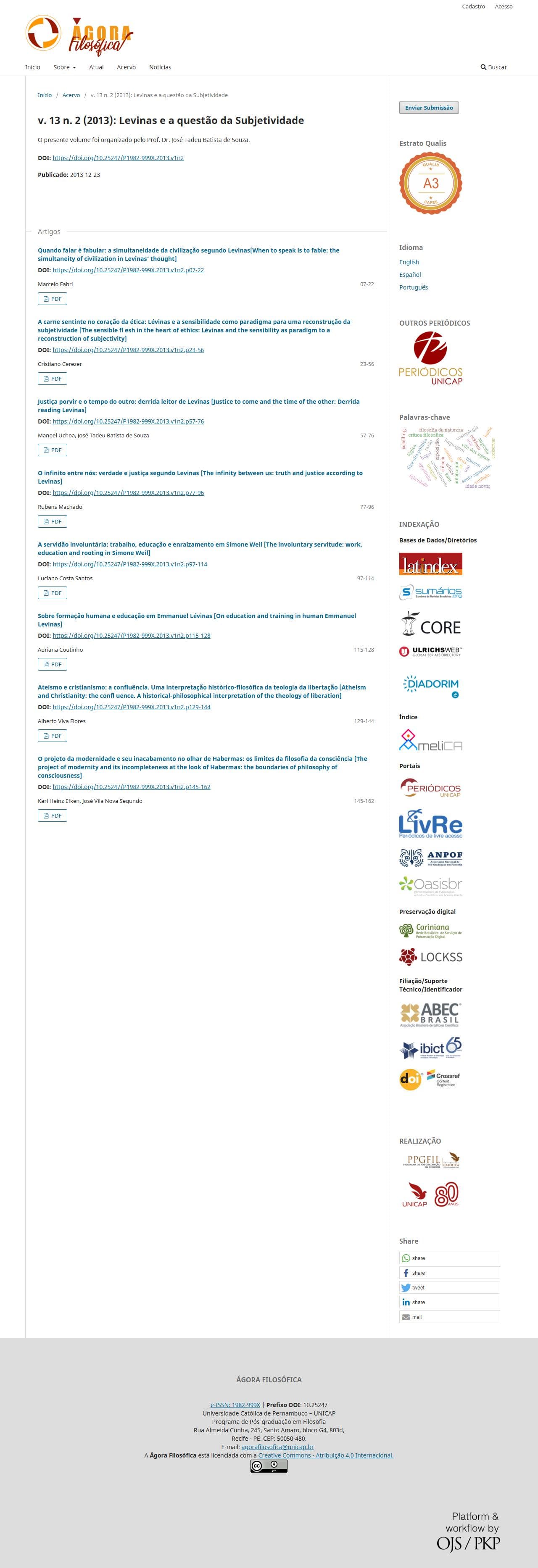 Revista Ágora Filosófica - Levinas e a questão da Subjetividade, v. 13 n. 2 (2013)