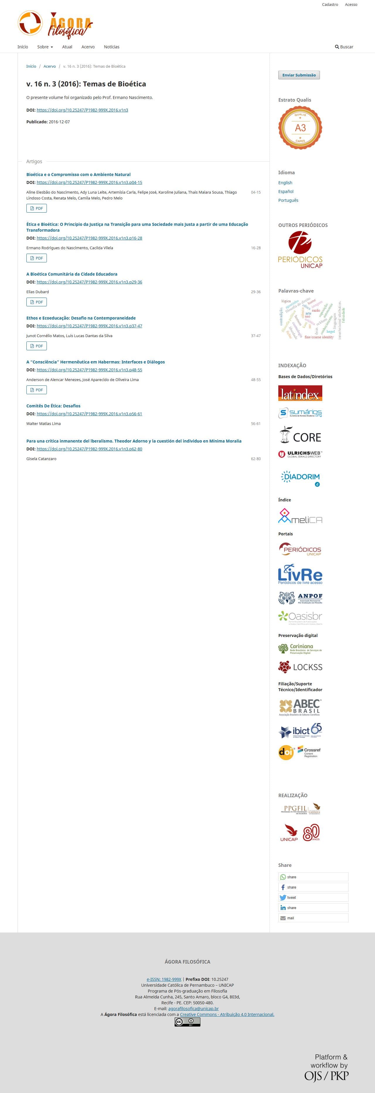 Revista Ágora Filosófica - Temas de Bioética, v. 16 n. 3 (2016)