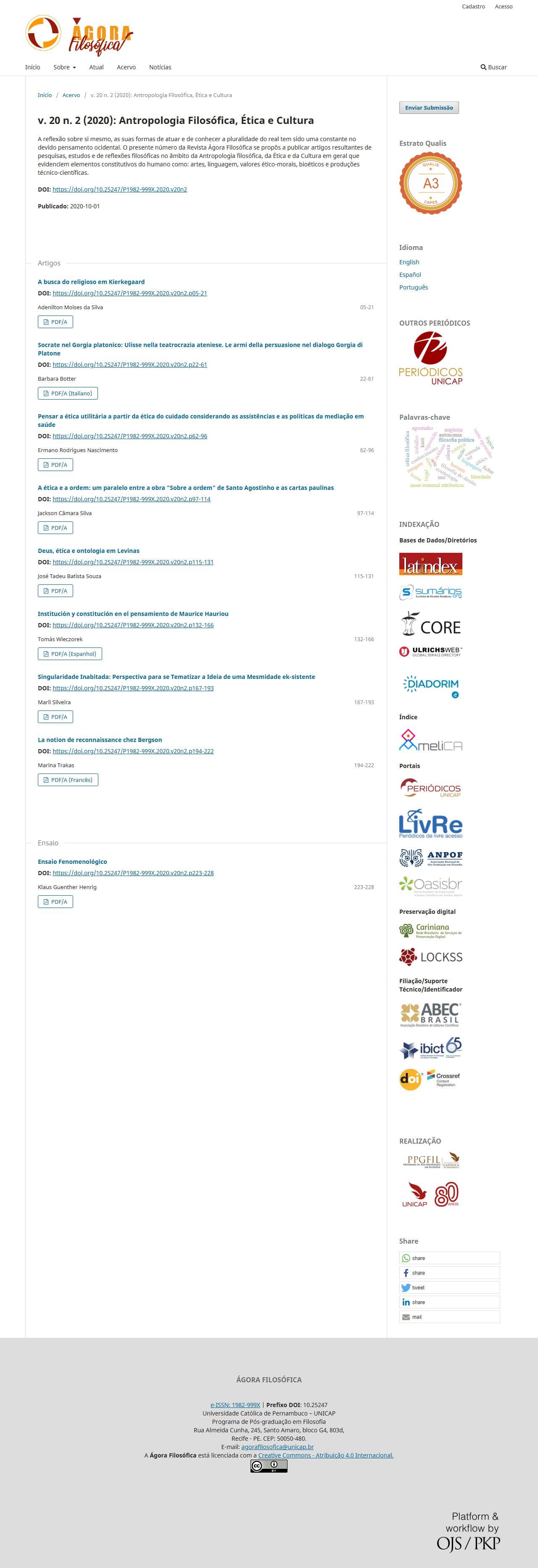Revista Ágora Filosófica - Antropologia Filosófica, Ética e Cultura, v. 20 n. 2 (2020)