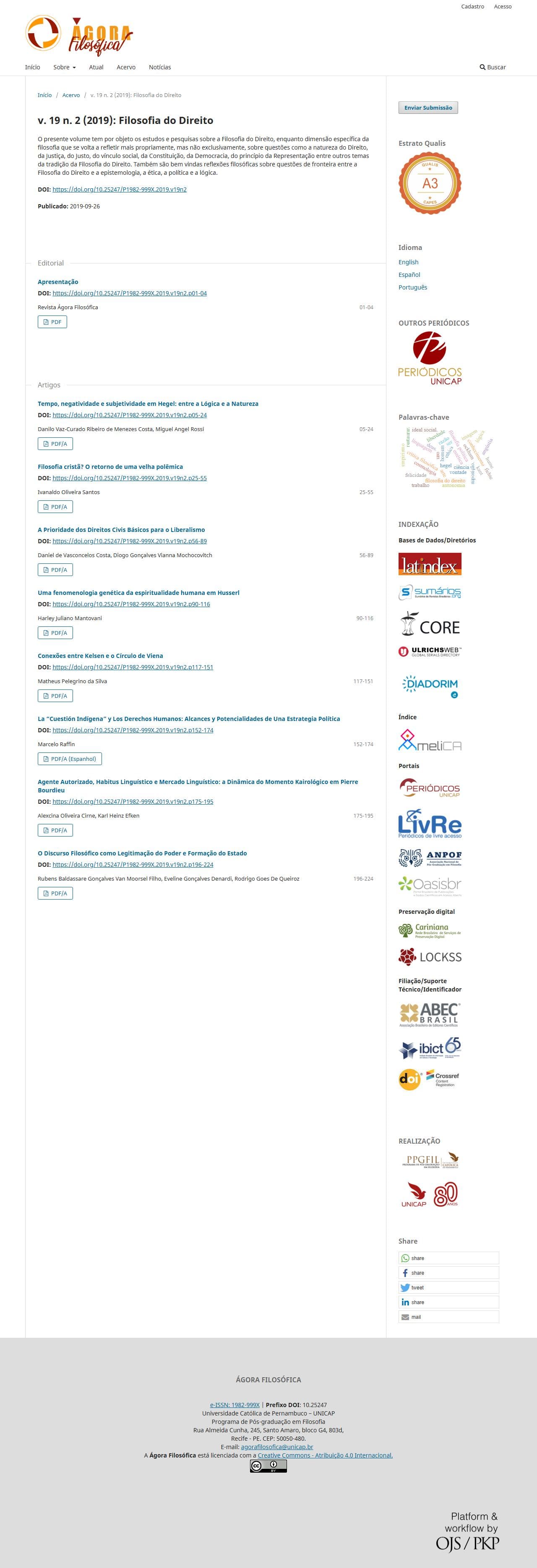 Revista Ágora Filosófica - Filosofia do Direito, v. 19 n. 2 (2019)