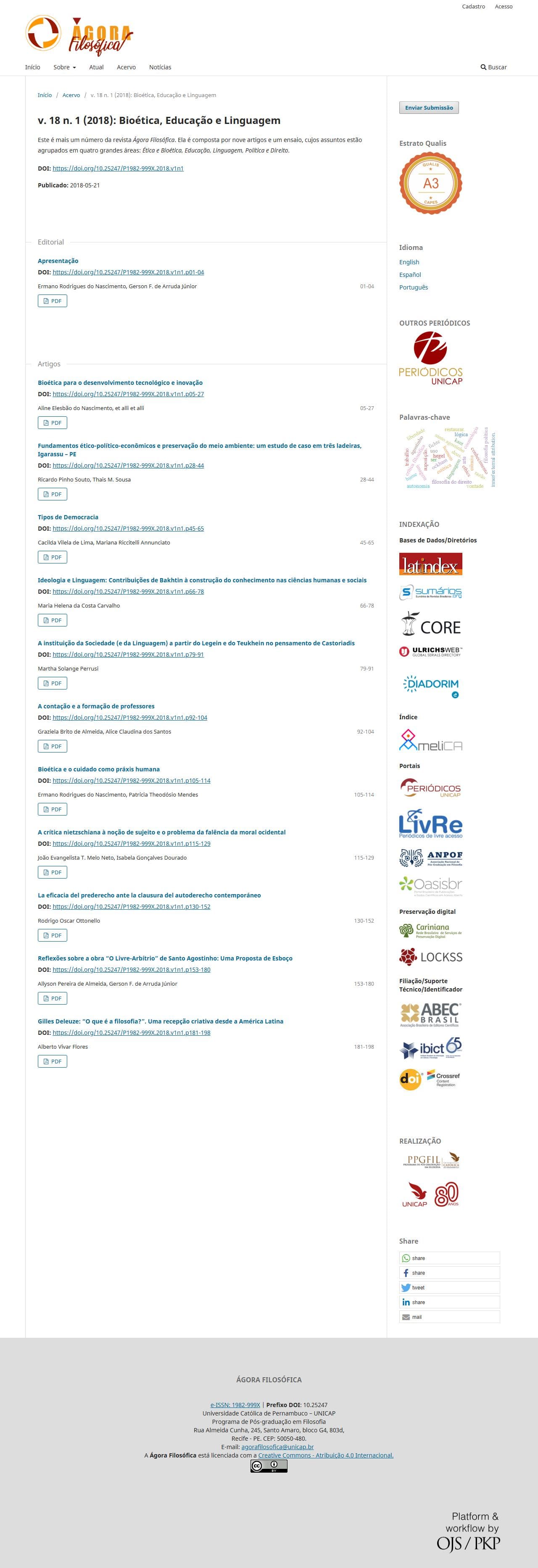Revista Ágora Filosófica - Bioética, Educação e Linguagem, v. 18 n. 1 (2018)