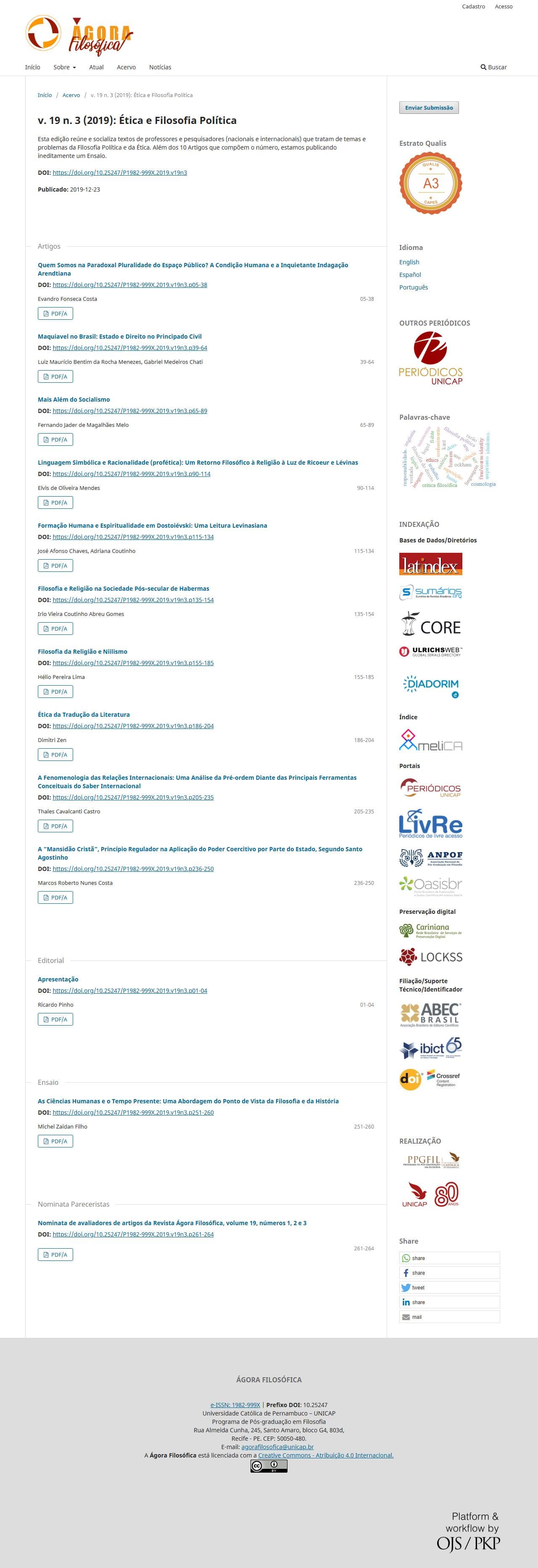 Revista Ágora Filosófica - Ética e Filosofia Política, v. 19 n. 3 (2019)