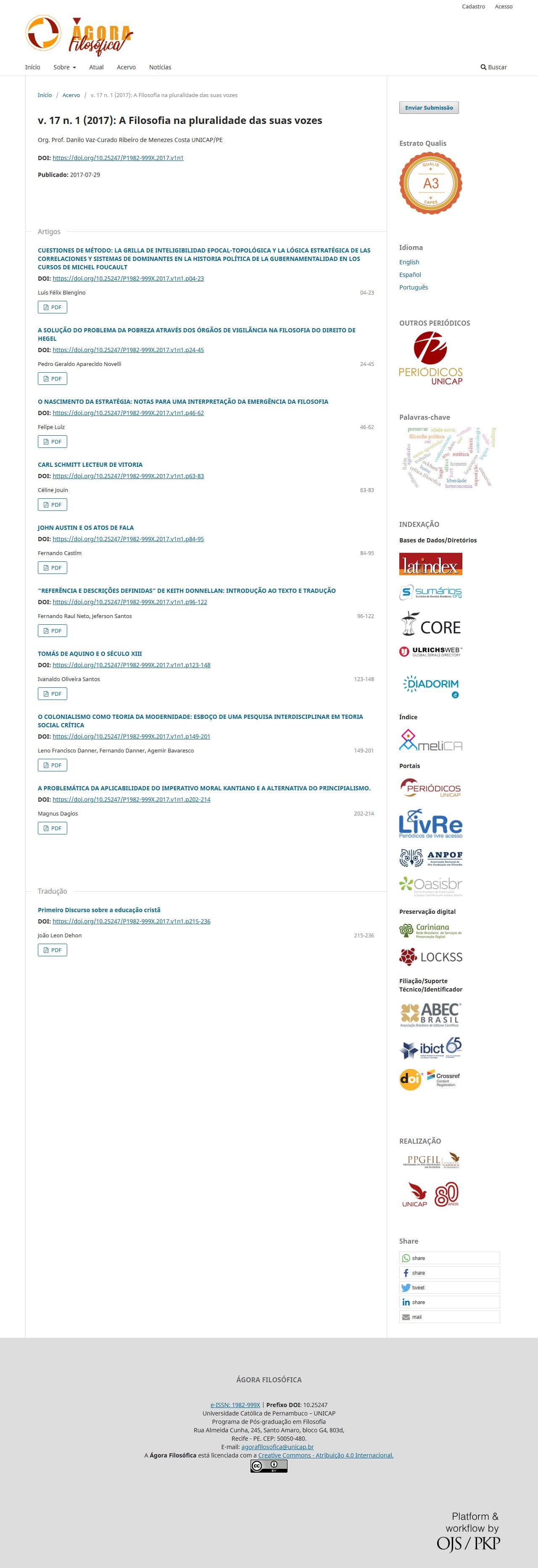 Revista Ágora Filosófica - A Filosofia na pluralidade das suas vozes, v. 17 n. 1 (2017)