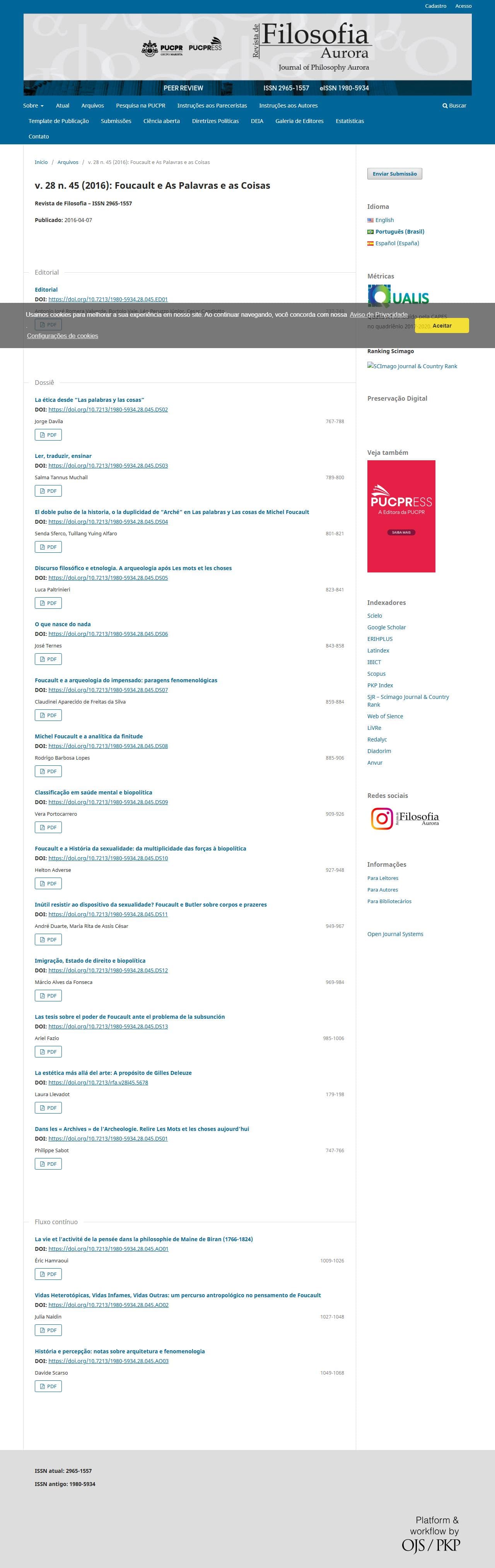 Revista de Filosofia Aurora - Foucault e As Palavras e as Coisas, v. 28 n. 45 (2016)
