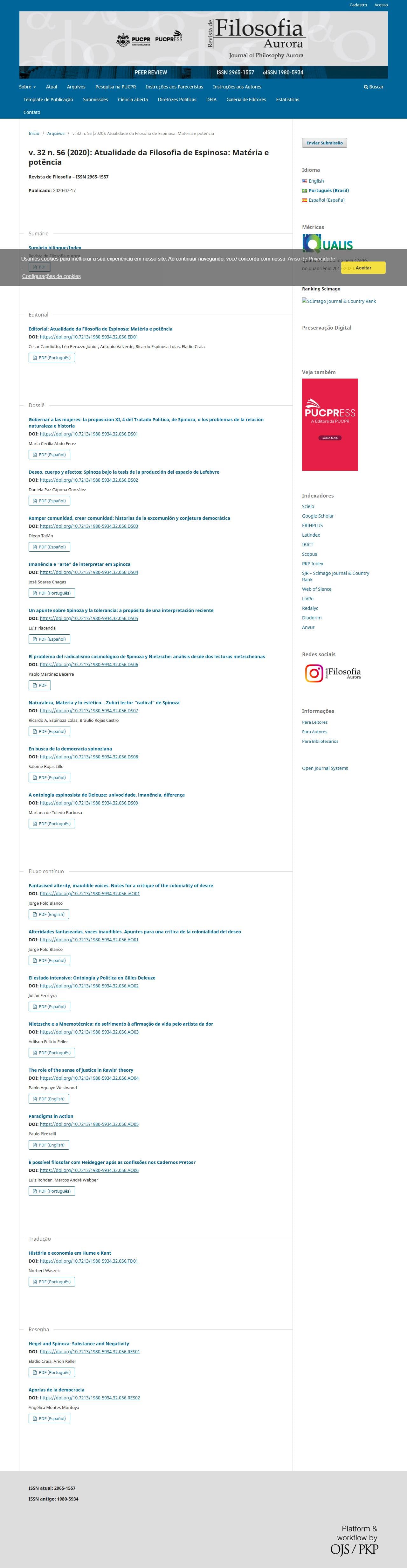 Revista de Filosofia Aurora - Atualidade da Filosofia de Espinosa: Matéria e potência, v. 32 n. 56 (2020)