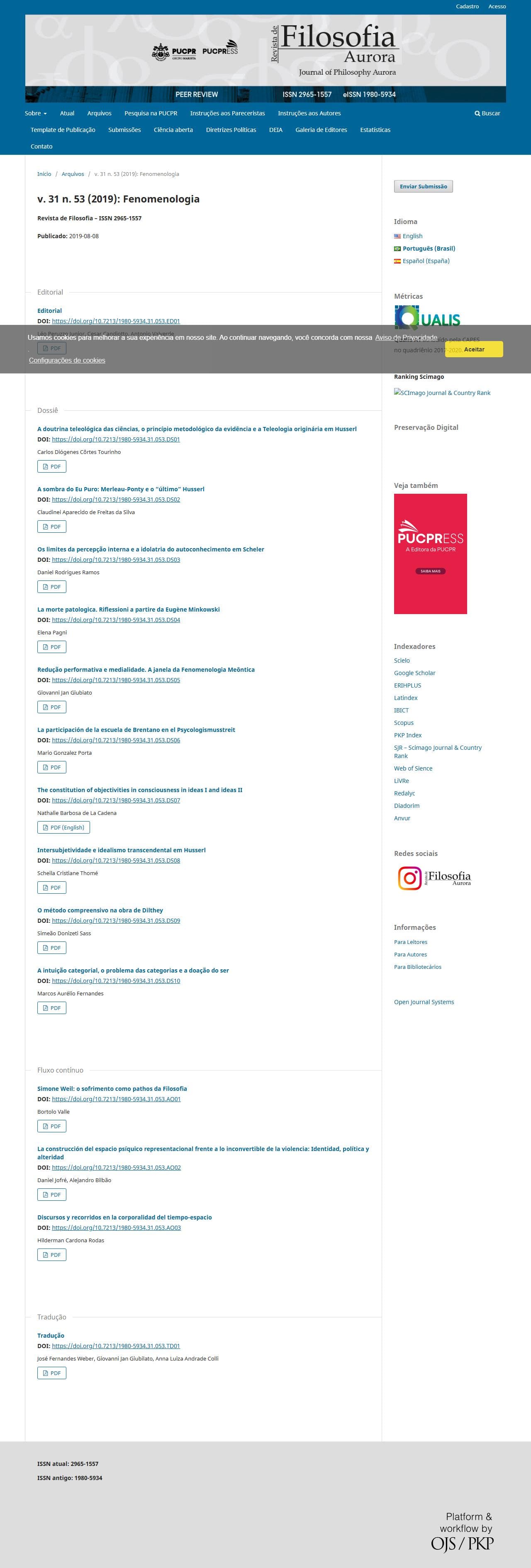 Revista de Filosofia Aurora - Fenomenologia, v. 31 n. 53 (2019)