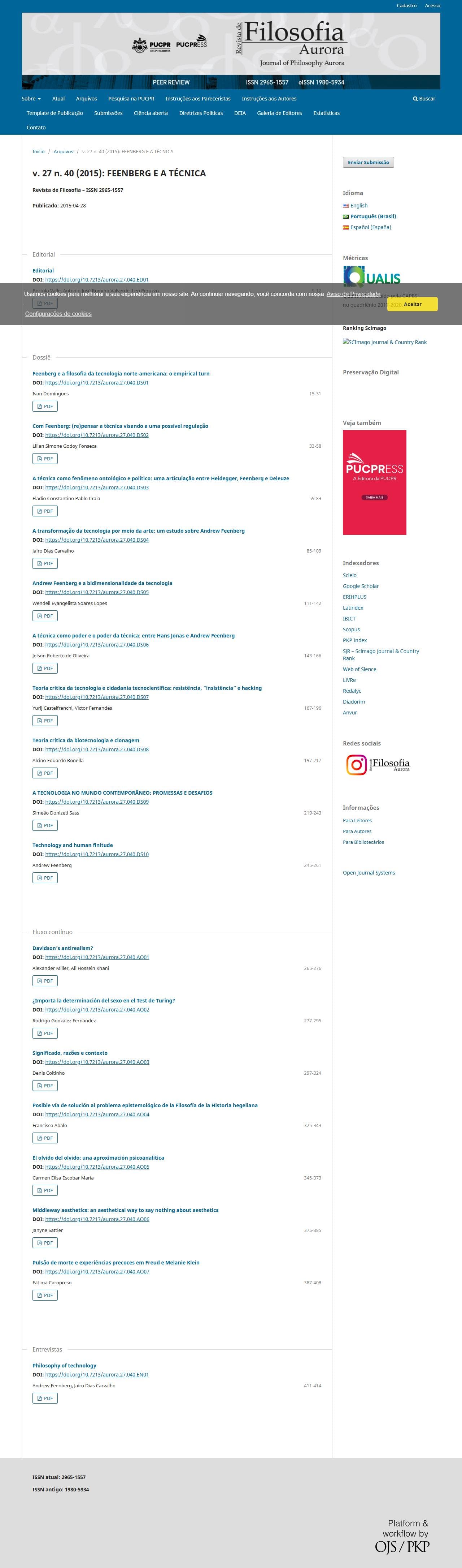 Revista de Filosofia Aurora - FEENBERG E A TÉCNICA, v. 27 n. 40 (2015)
