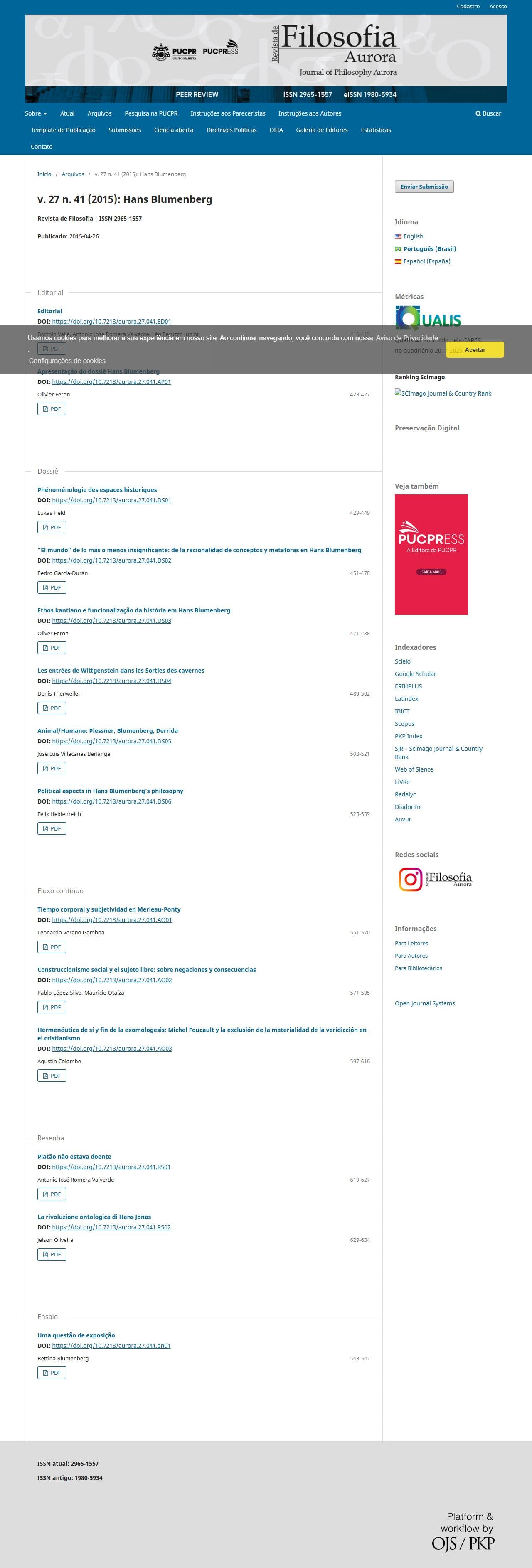 Revista de Filosofia Aurora - Hans Blumenberg, v. 27 n. 41 (2015)