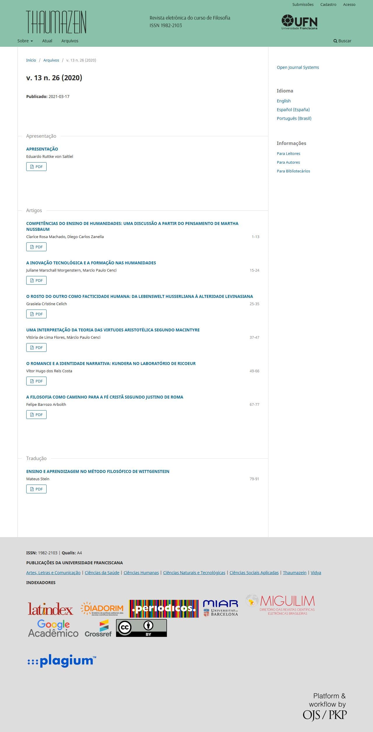 Thaumazein: Revista Online de Filosofia - v. 13 n. 26 (2020)