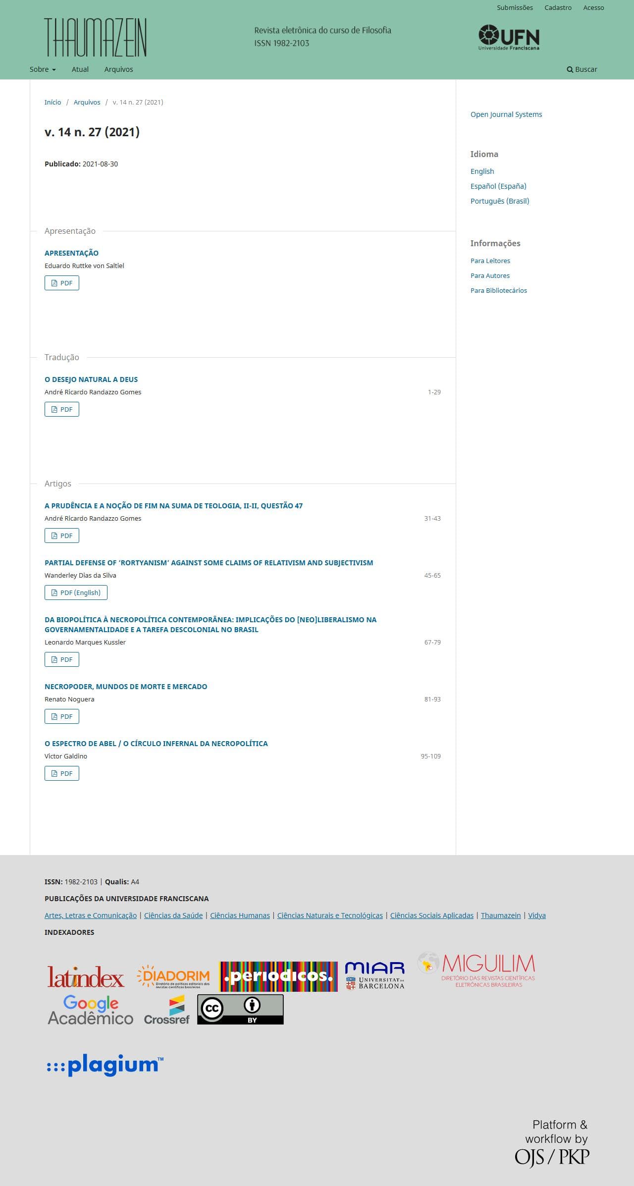 Thaumazein: Revista Online de Filosofia - v. 14 n. 27 (2021)