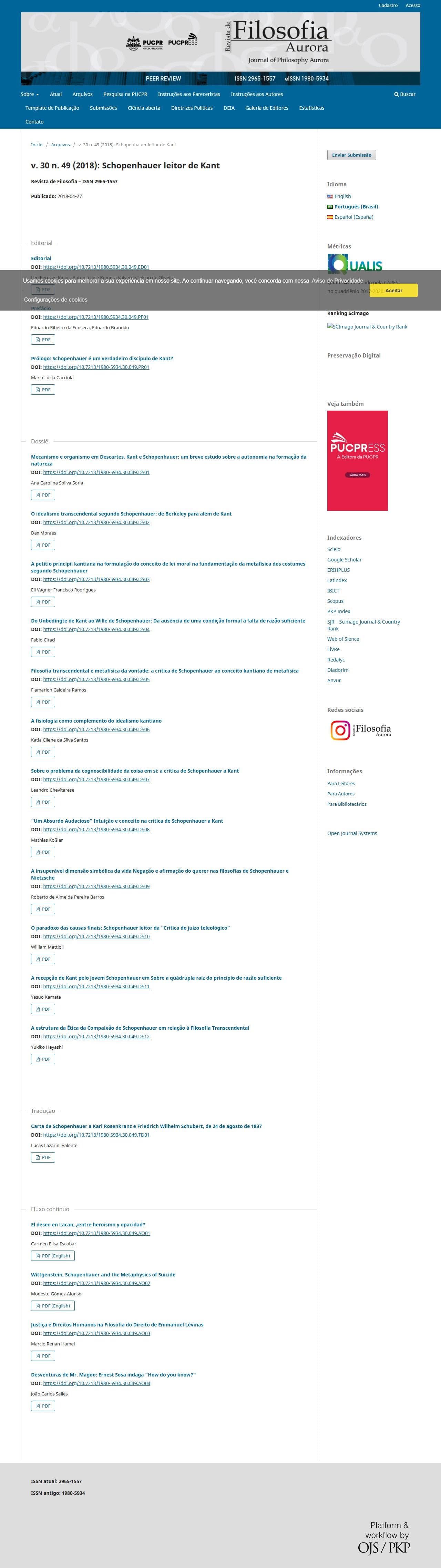 Revista de Filosofia Aurora - Schopenhauer leitor de Kant, v. 30 n. 49 (2018)