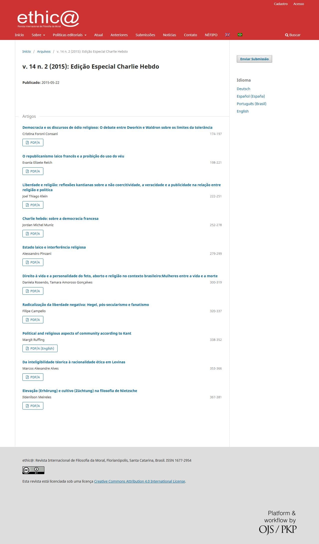 ethic@ - An international Journal for Moral Philosophy - Edição Especial Charlie Hebdo, v. 14 n. 2 (2015)
