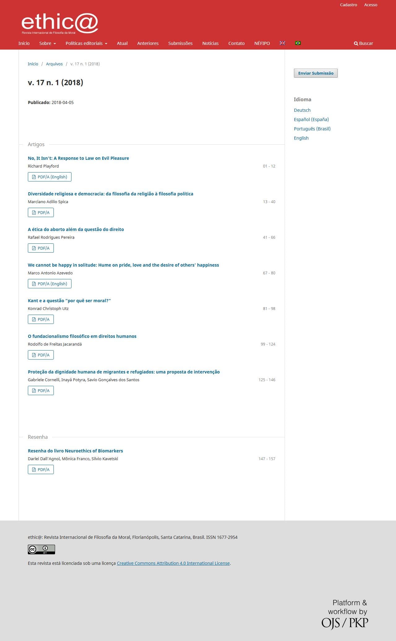 ethic@ - An international Journal for Moral Philosophy - v. 17 n. 1 (2018)