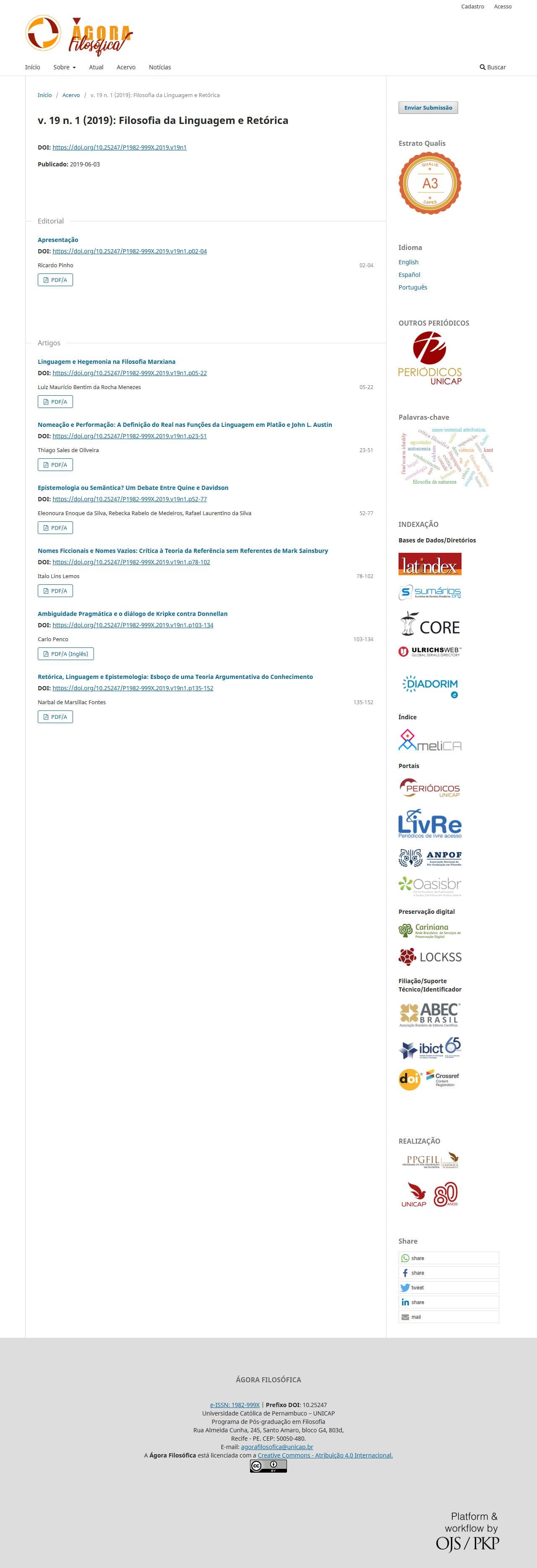Revista Ágora Filosófica - Filosofia da Linguagem e Retórica, v. 19 n. 1 (2019)