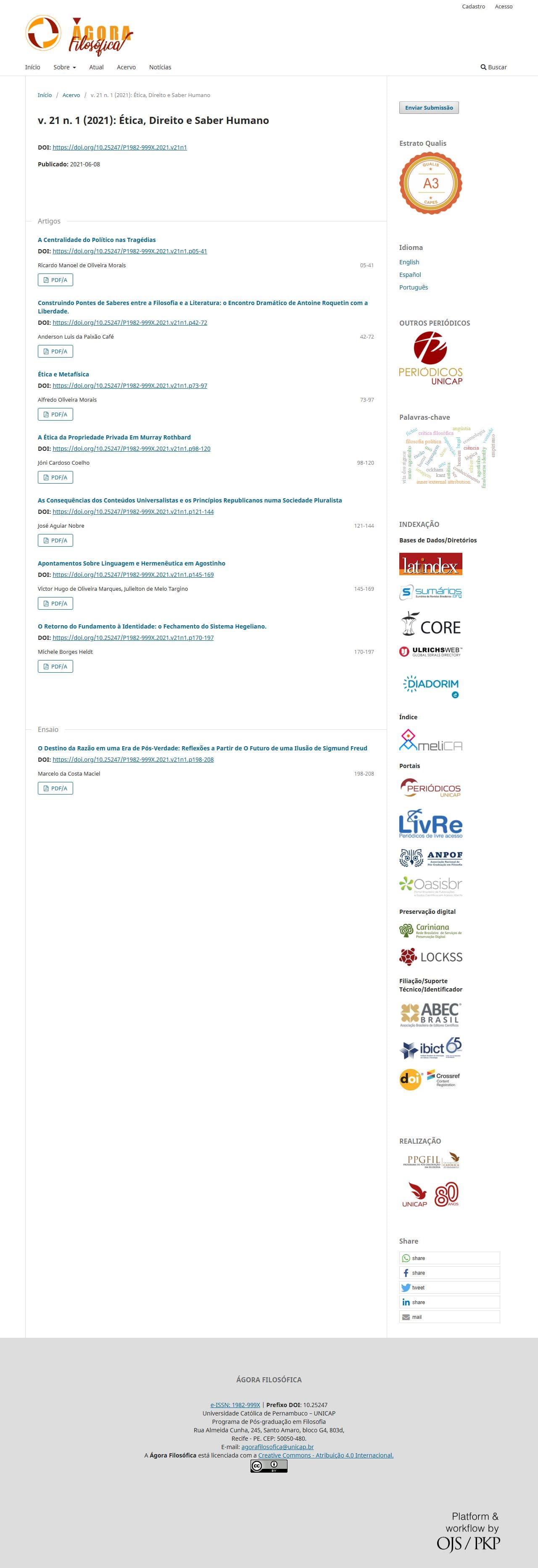 Revista Ágora Filosófica - Ética, Direito e Saber Humano, v. 21 n. 1 (2021)