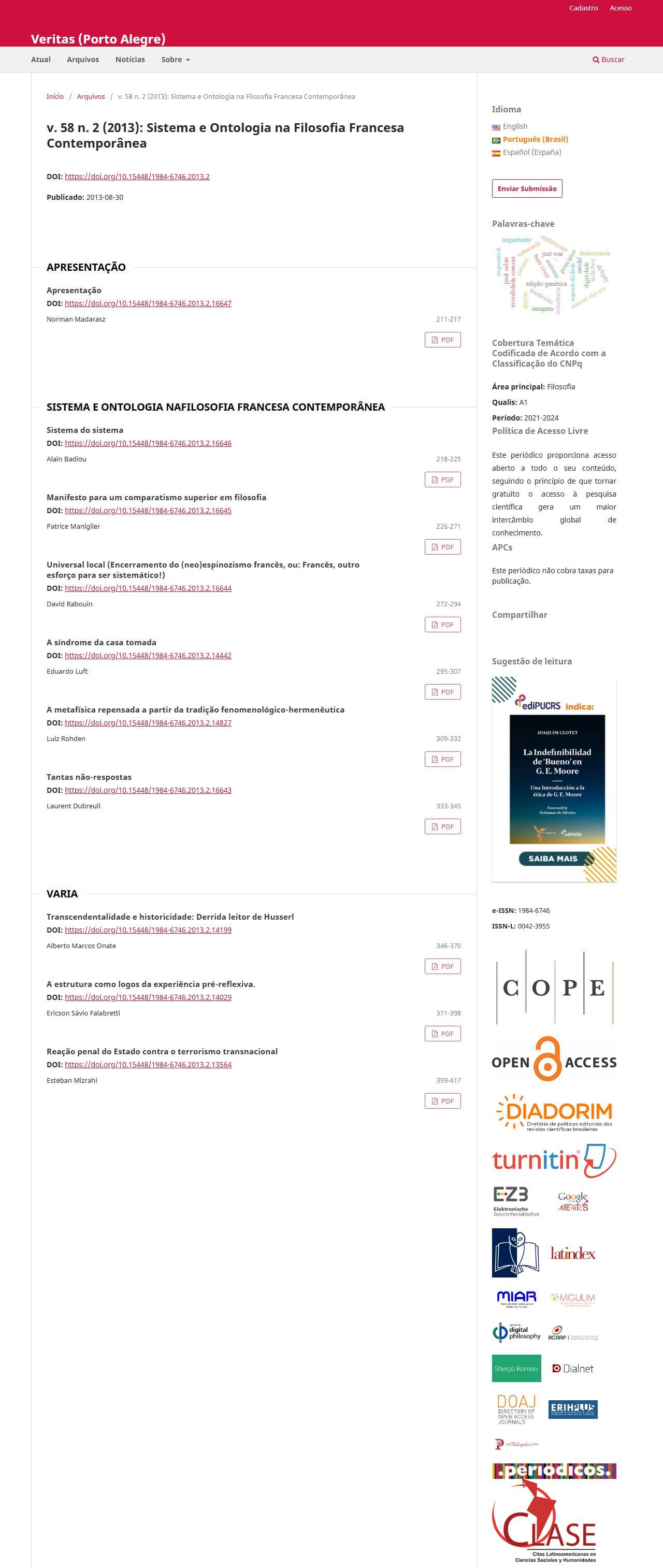Veritas (Porto Alegre) - Sistema e Ontologia na Filosofia Francesa Contemporânea, v. 58 n. 2 (2013)