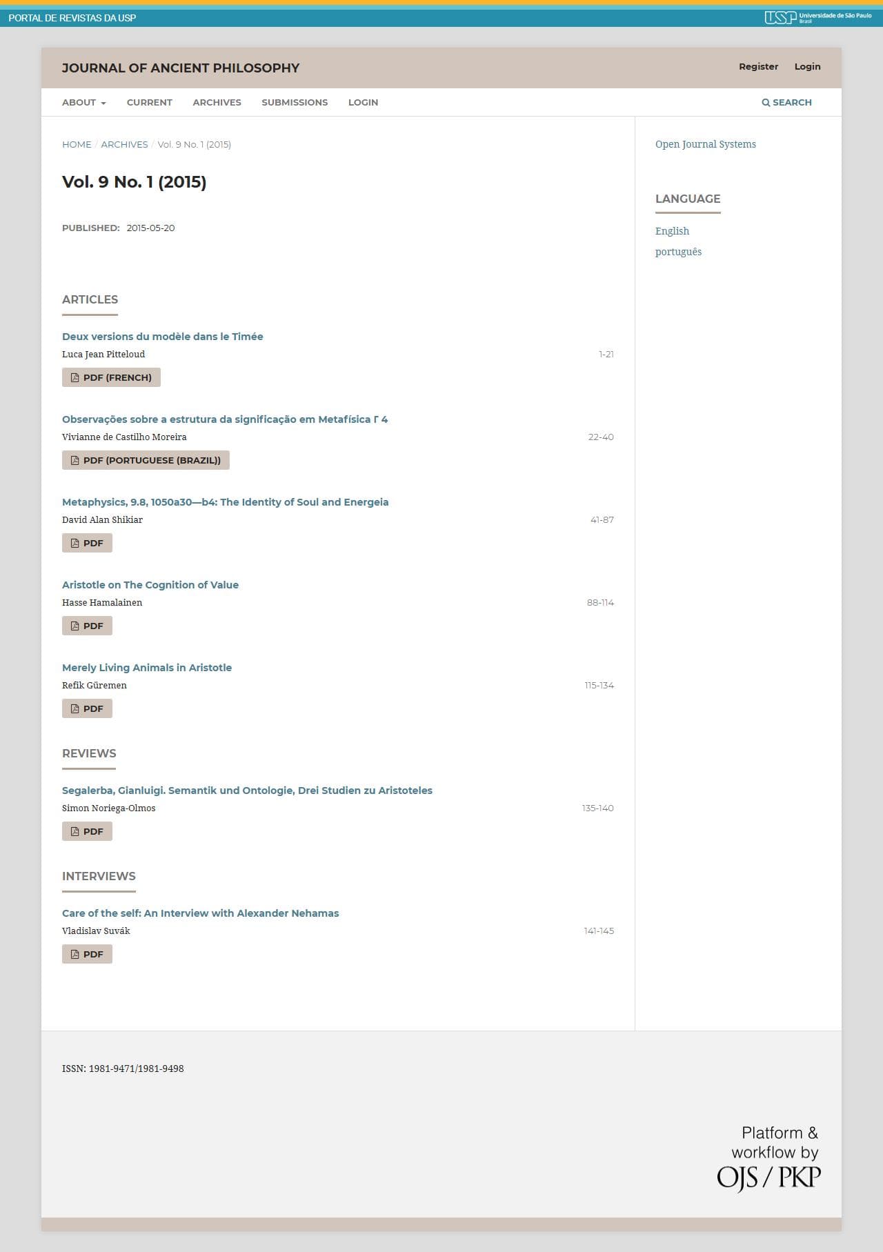 Journal of Ancient Philosophy - Vol. 9 No. 1 (2015)