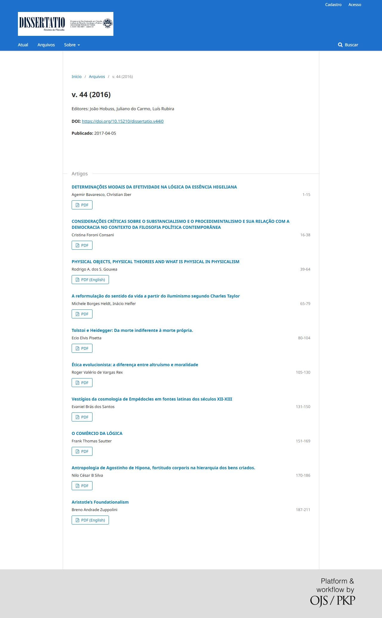 Revista Dissertatio de Filosofia - v. 44 (2016)