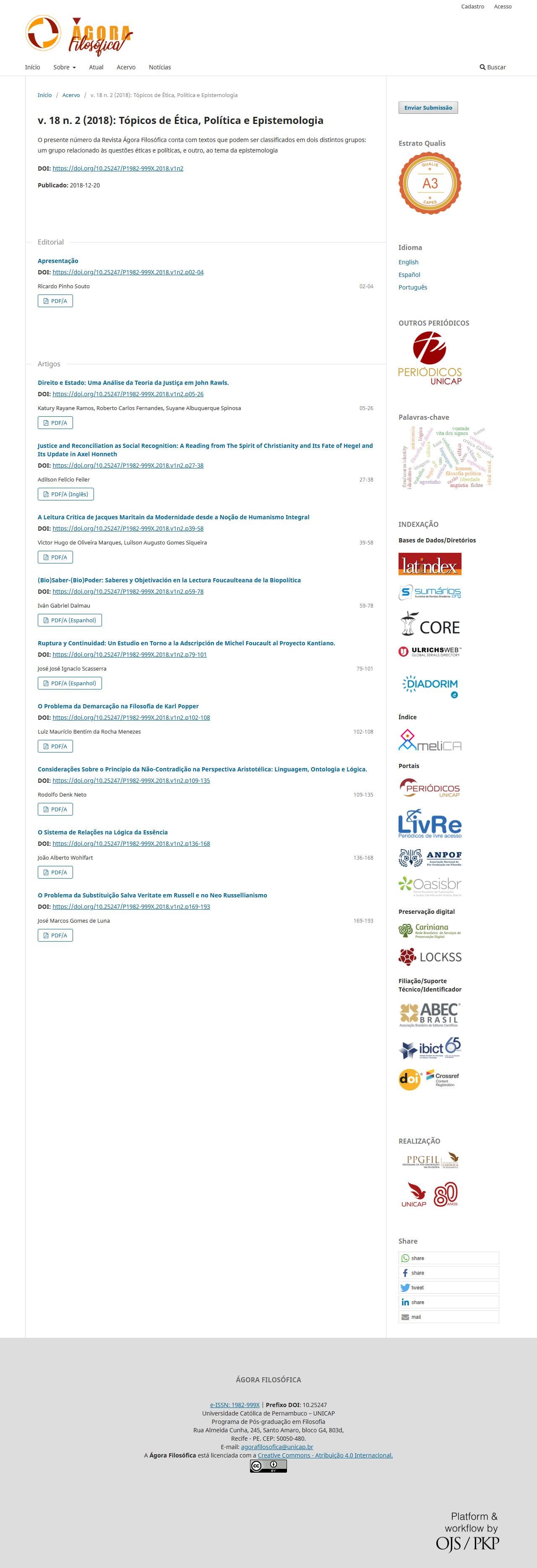Revista Ágora Filosófica - v. 18 n. 2 (2018): Tópicos de Ética, Política e Epistemologia