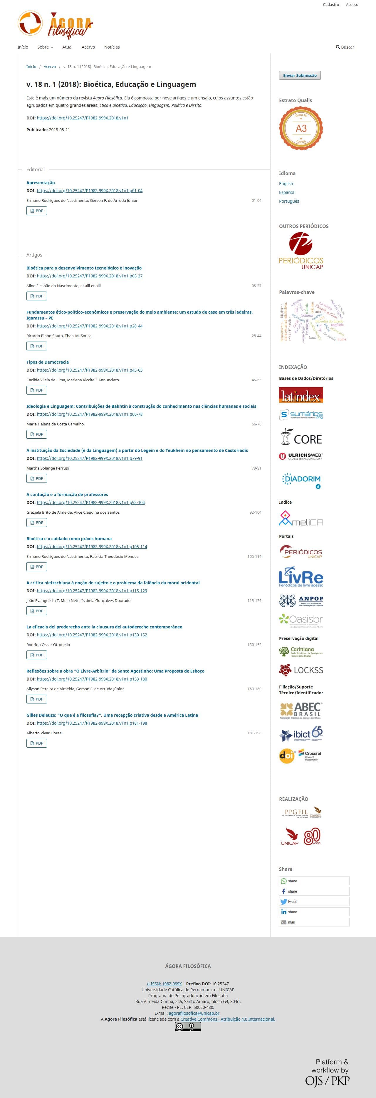 Revista Ágora Filosófica - v. 18 n. 1 (2018): Bioética, Educação e Linguagem